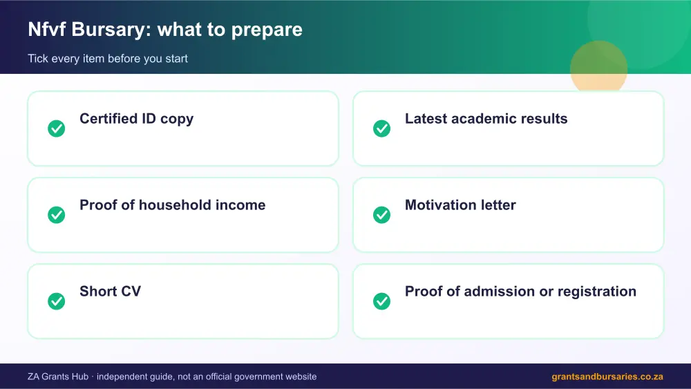 Nfvf Bursary documents checklist infographic – nfvf bursary South Africa 2026