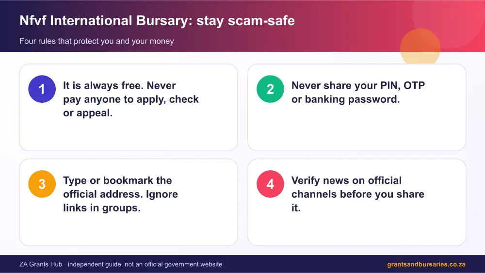 Nfvf International Bursary stay safe from scams infographic – nfvf international bursary scholarship South Africa 2026
