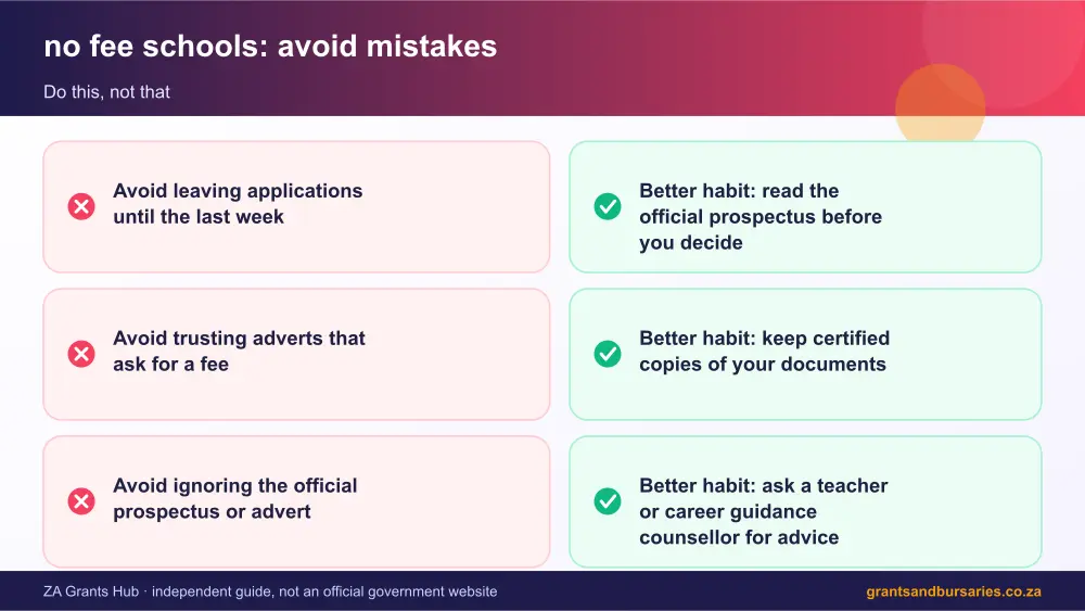 no fee schools mistakes to avoid and tips infographic – no fee schools South Africa 2026