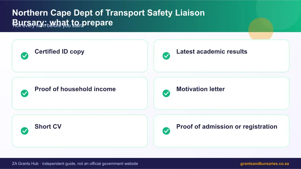 Northern Cape Dept of Transport Safety Liaison Bursary documents checklist infographic – northern cape dept of transport safety liaison bursary South Africa 2026