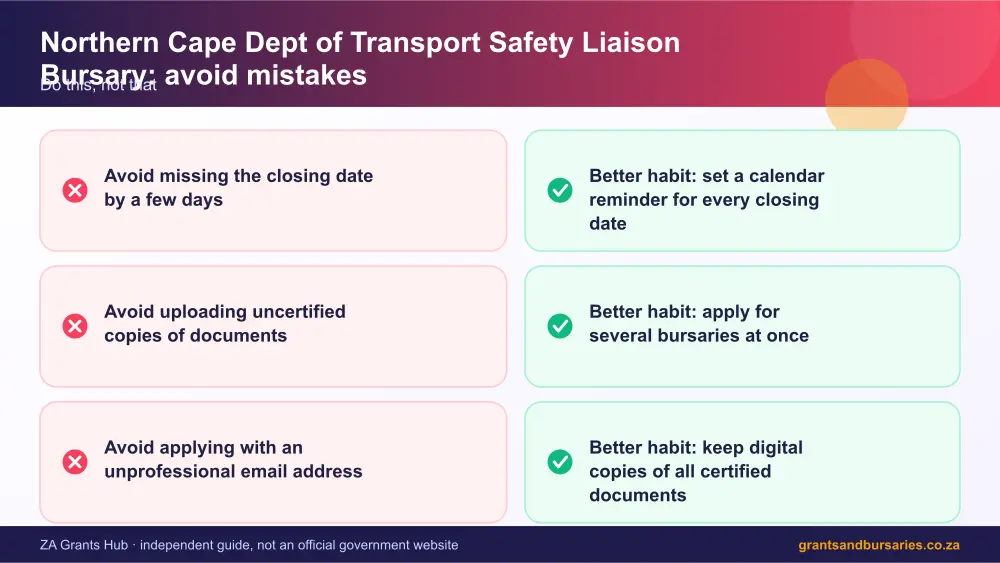 Northern Cape Dept of Transport Safety Liaison Bursary mistakes to avoid and tips infographic – northern cape dept of transport safety liaison bursary South Africa 2026