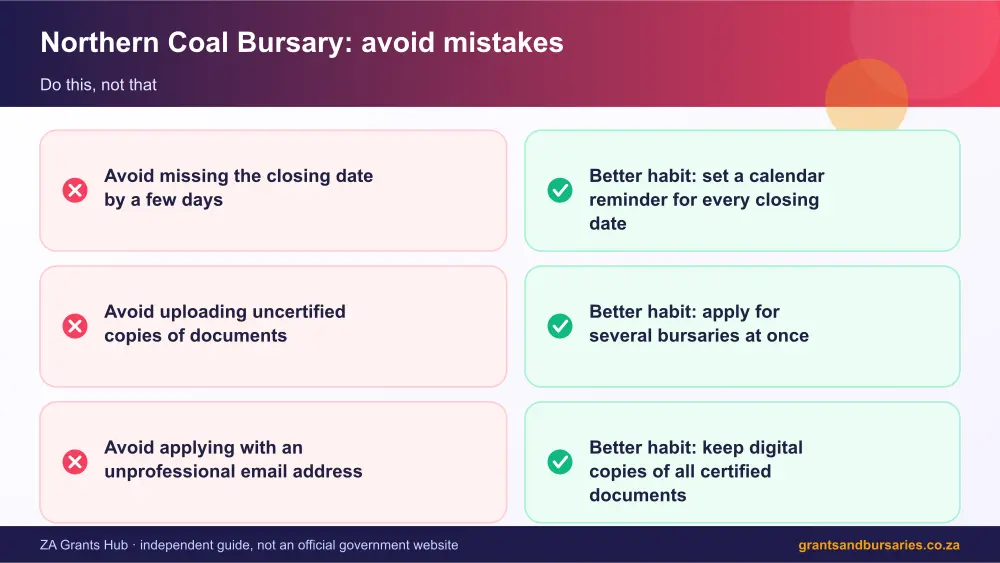 Northern Coal Bursary mistakes to avoid and tips infographic – northern coal bursary South Africa 2026