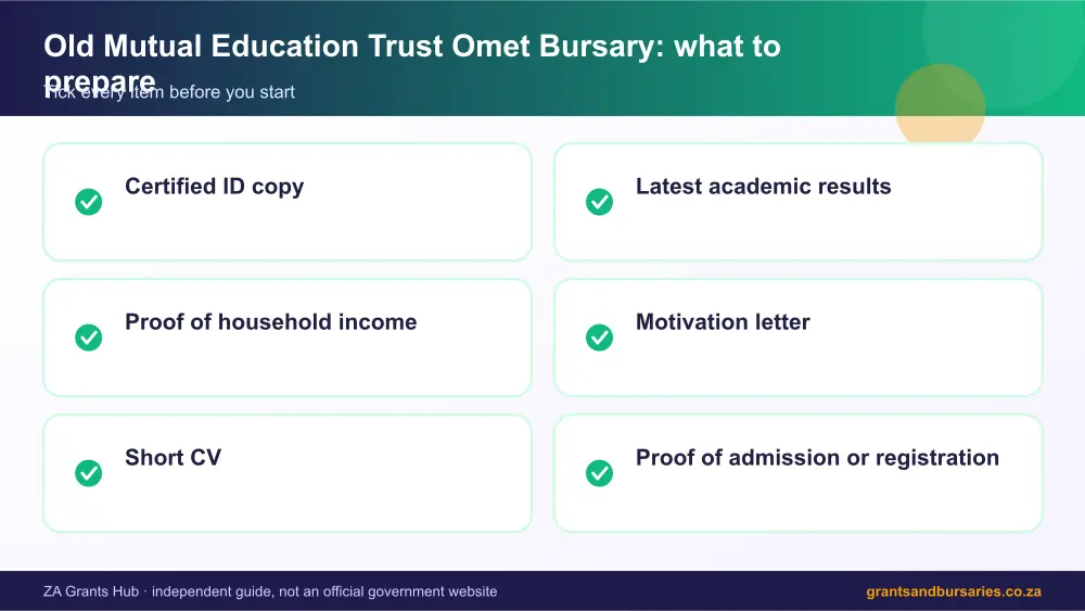 Old Mutual Education Trust Omet Bursary documents checklist infographic – omet bursary South Africa 2026