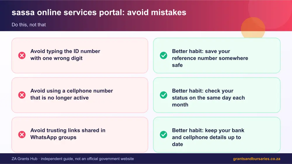 sassa online services portal mistakes to avoid and tips infographic – sassa online services portal South Africa 2026