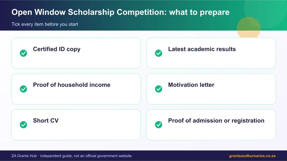 Open Window Scholarship Competition documents checklist infographic – open window scholarship competition South Africa 2026
