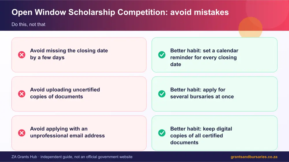Open Window Scholarship Competition mistakes to avoid and tips infographic – open window scholarship competition South Africa 2026