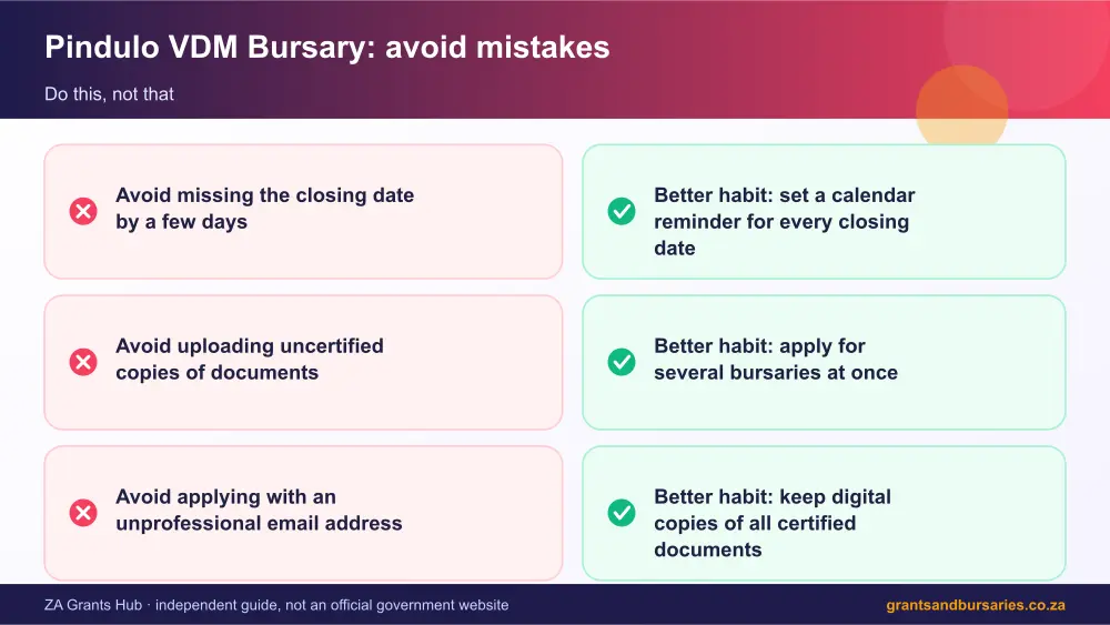 Pindulo VDM Bursary mistakes to avoid and tips infographic – scholarship south africa South Africa 2026