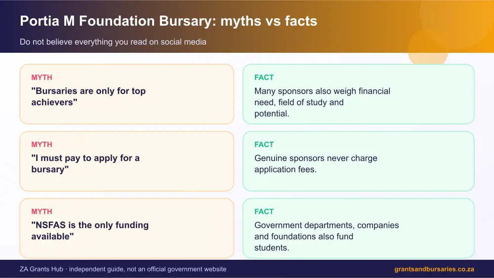Portia M Foundation Bursary myths vs facts infographic – portia m bursary South Africa 2026