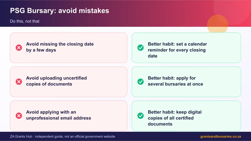 PSG Bursary mistakes to avoid and tips infographic – psg bursary South Africa 2026