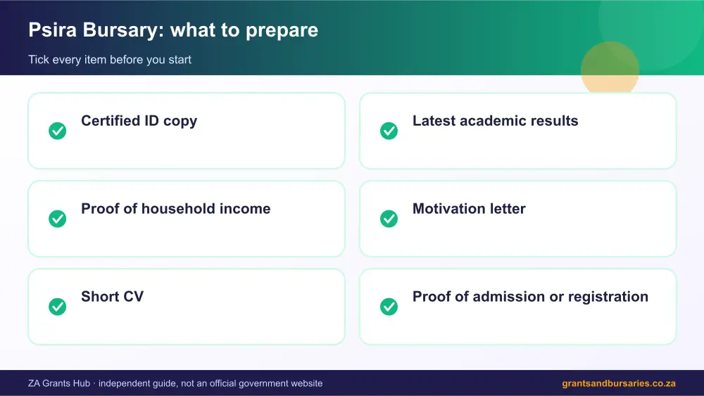 Psira Bursary documents checklist infographic – psira bursary South Africa 2026