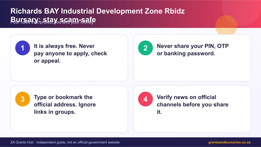 Richards BAY Industrial Development Zone Rbidz Bursary stay safe from scams infographic – rbidz bursary South Africa 2026