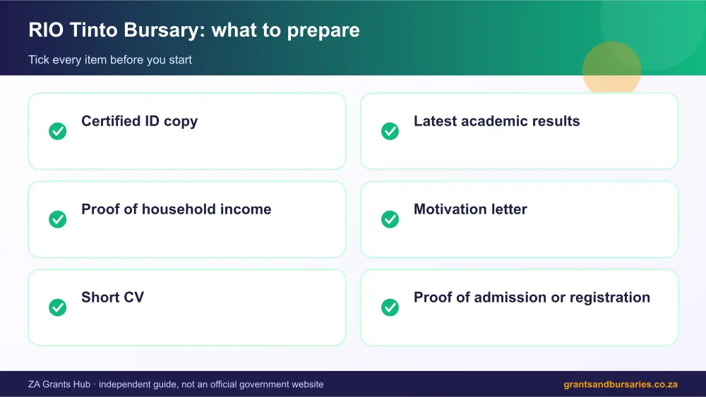RIO Tinto Bursary documents checklist infographic – rbm bursary South Africa 2026