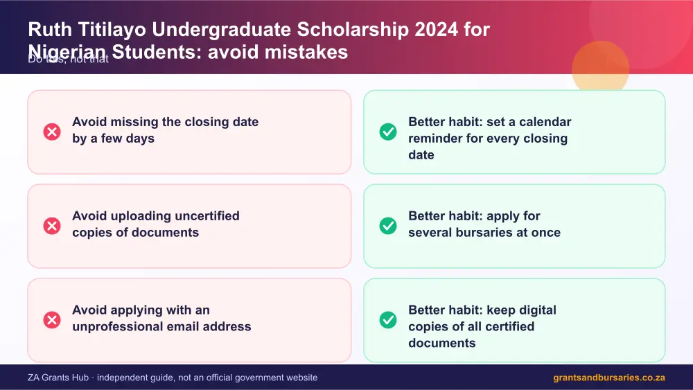 Ruth Titilayo Undergraduate Scholarship 2024 for Nigerian Students mistakes to avoid and tips infographic – ruth titilayo undergraduate scholarship 2024 for nigerian students South Africa 2026