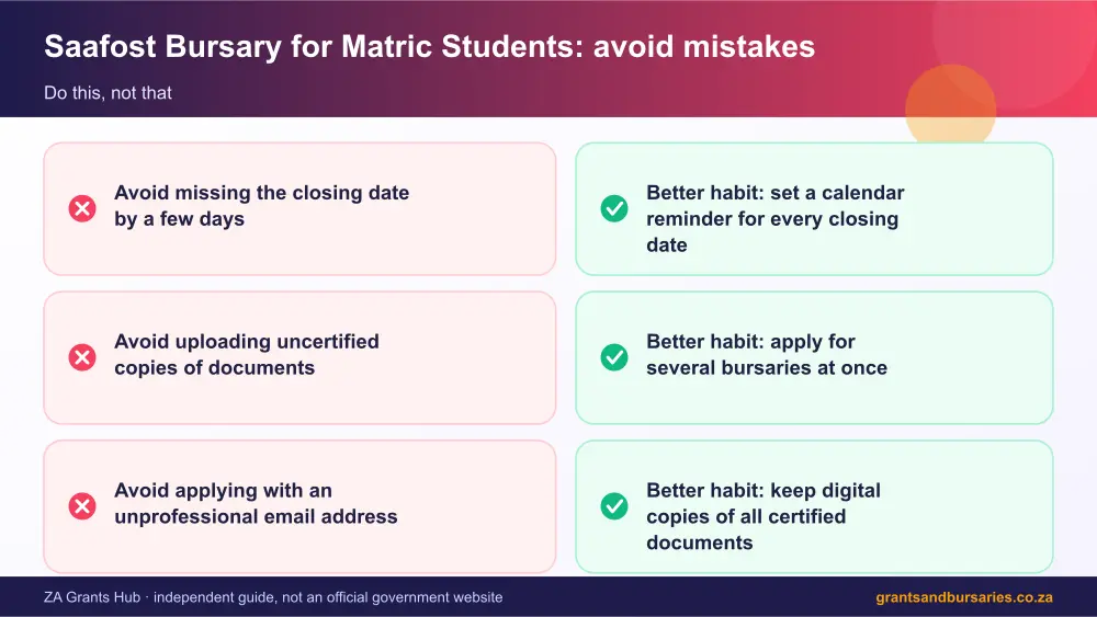Saafost Bursary for Matric Students mistakes to avoid and tips infographic – saafost bursary for matric students South Africa 2026