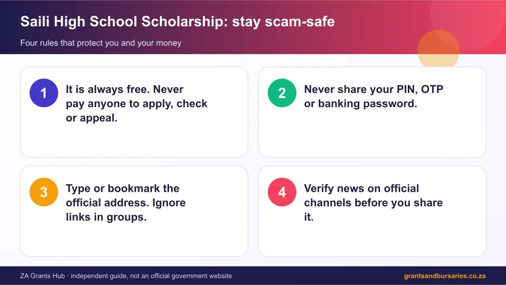 Saili High School Scholarship stay safe from scams infographic – saili high school scholarship South Africa 2026