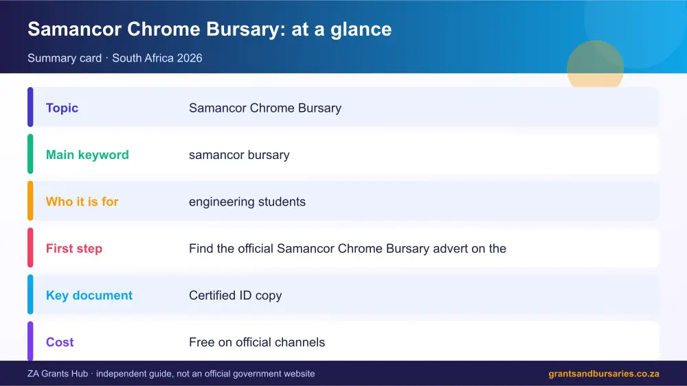 Samancor Chrome Bursary at a glance summary infographic – samancor bursary South Africa 2026