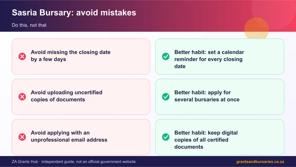 Sasria Bursary mistakes to avoid and tips infographic – sasria bursary South Africa 2026