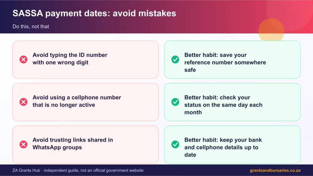 SASSA payment dates mistakes to avoid and tips infographic – sassa payment dates South Africa 2026