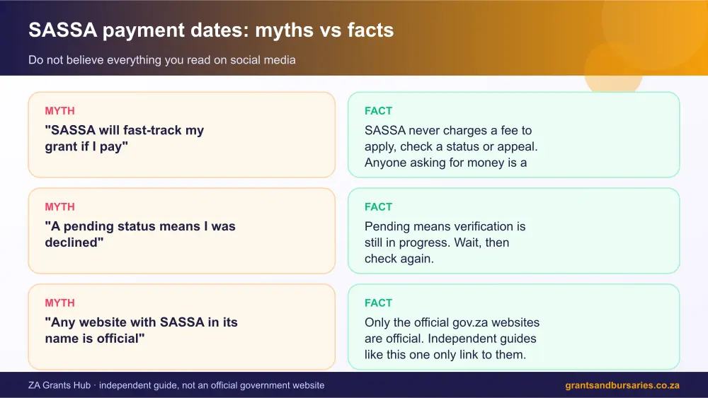 SASSA payment dates myths vs facts infographic – sassa payment dates South Africa 2026