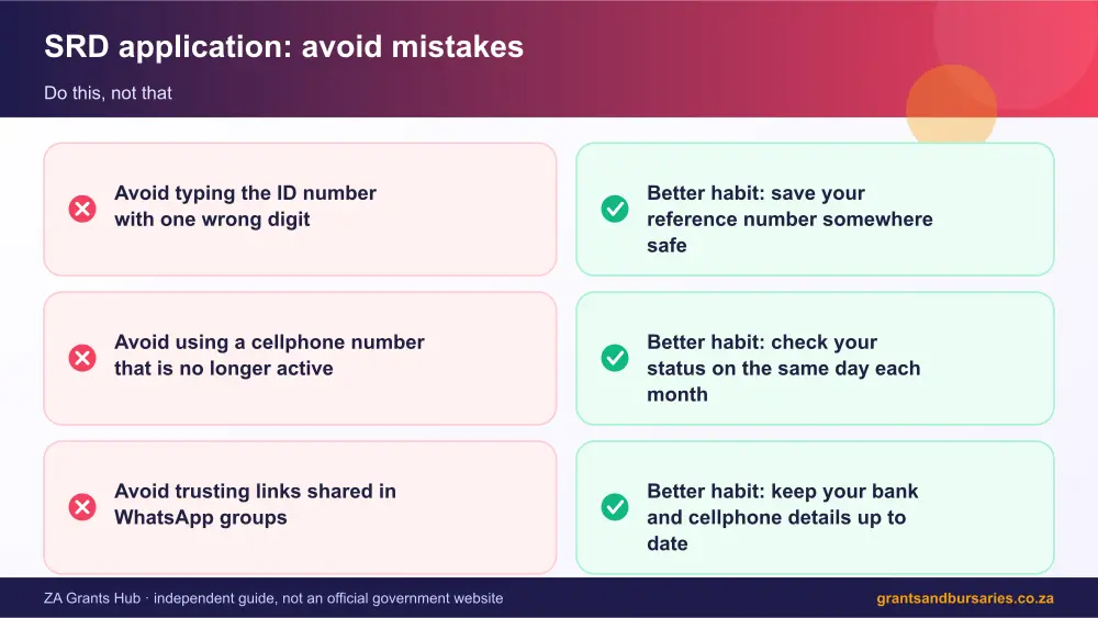 SRD application mistakes to avoid and tips infographic – srd application South Africa 2026