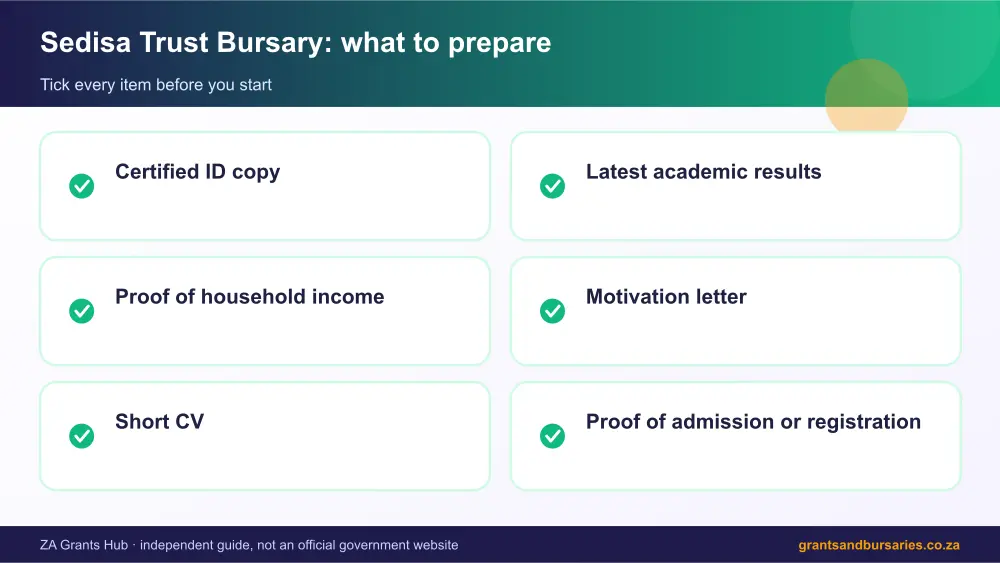 Sedisa Trust Bursary documents checklist infographic – sedisa trust bursary South Africa 2026