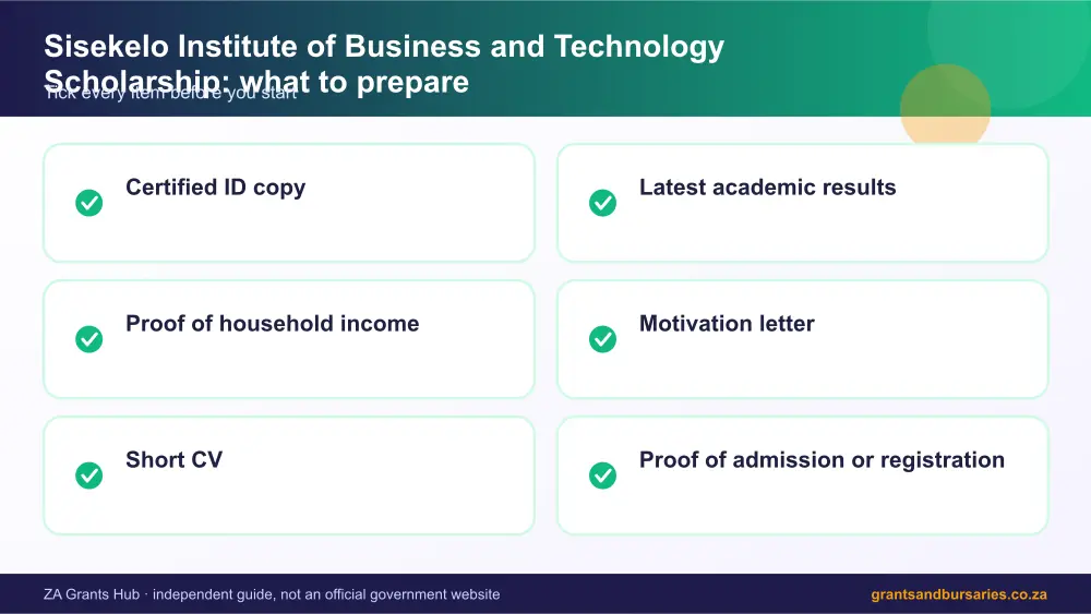 Sisekelo Institute of Business and Technology Scholarship documents checklist infographic – sisekelo institute of business and technology scholarship bursary South Africa 2026