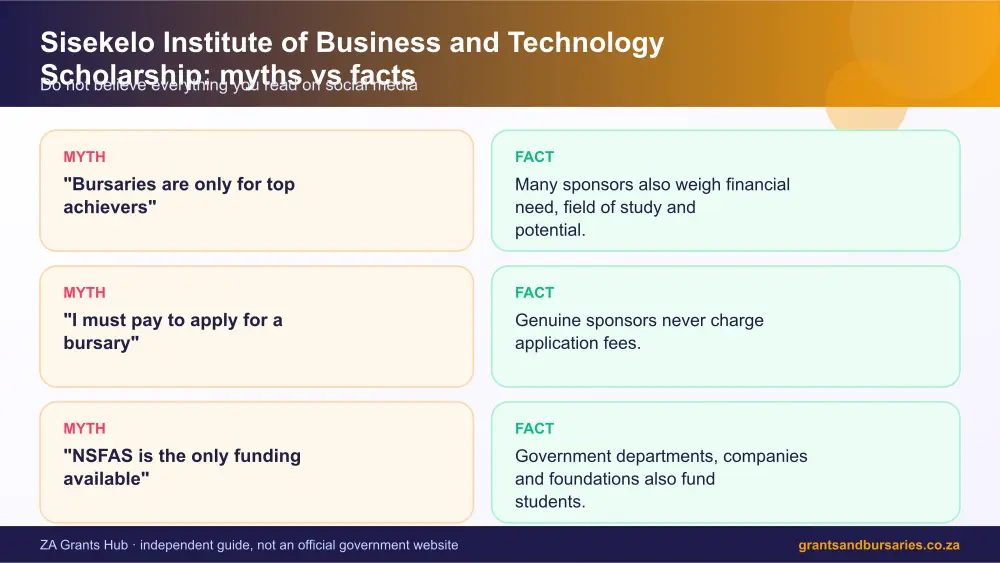 Sisekelo Institute of Business and Technology Scholarship myths vs facts infographic – sisekelo institute of business and technology scholarship bursary South Africa 2026