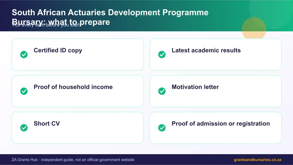 South African Actuaries Development Programme Bursary documents checklist infographic – discovery actuarial science bursaries South Africa 2026