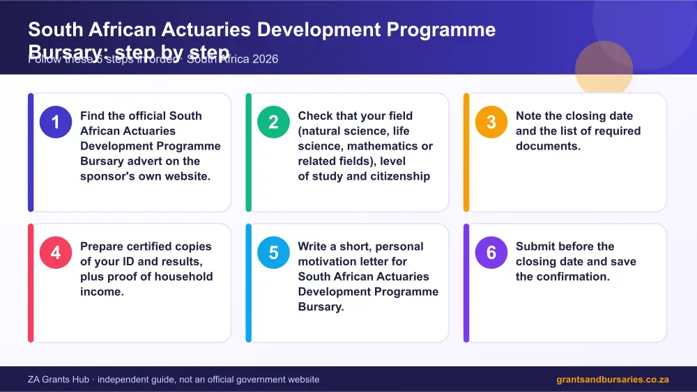 South African Actuaries Development Programme Bursary step by step guide infographic – discovery actuarial science bursaries South Africa 2026