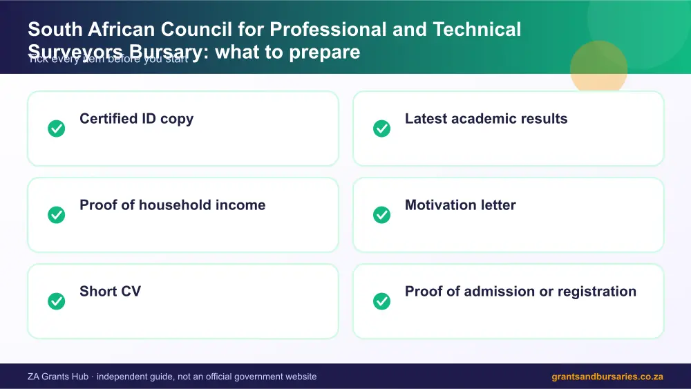 South African Council for Professional and Technical Surveyors Bursary documents checklist infographic – south african council for professional and technical surveyors bursary South Africa 2026