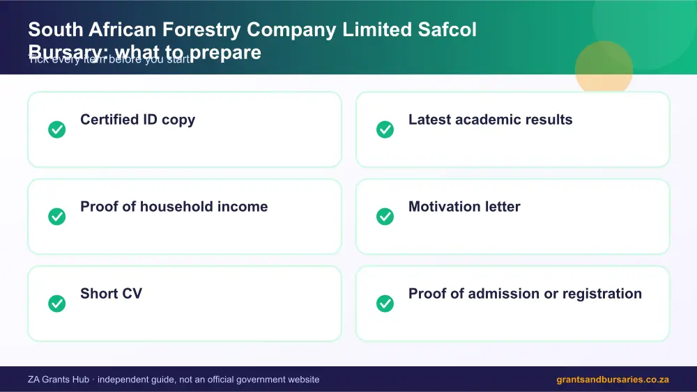 South African Forestry Company Limited Safcol Bursary documents checklist infographic – safcol bursary South Africa 2026