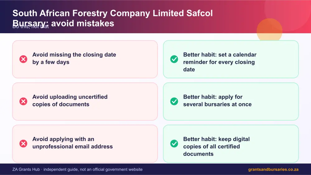 South African Forestry Company Limited Safcol Bursary mistakes to avoid and tips infographic – safcol bursary South Africa 2026