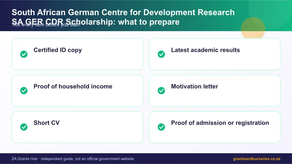 South African German Centre for Development Research SA GER CDR Scholarship documents checklist infographic – south african german centre for development research sa ger cdr scholarship bursary South Africa 2026