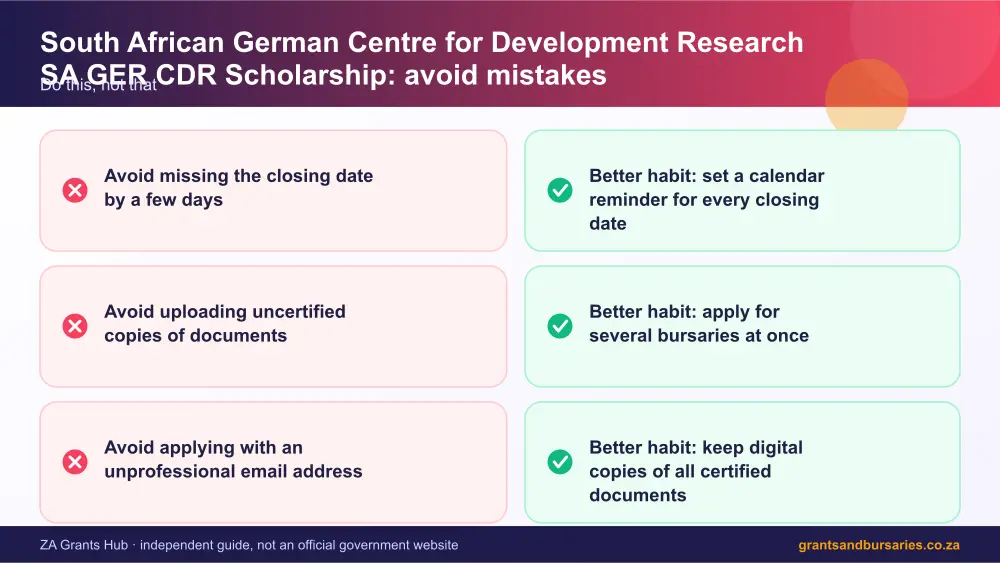 South African German Centre for Development Research SA GER CDR Scholarship mistakes to avoid and tips infographic – south african german centre for development research sa ger cdr scholarship bursary South Africa 2026