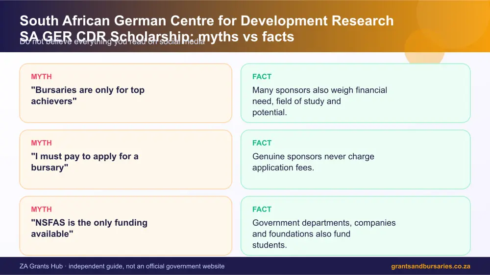 South African German Centre for Development Research SA GER CDR Scholarship myths vs facts infographic – south african german centre for development research sa ger cdr scholarship bursary South Africa 2026