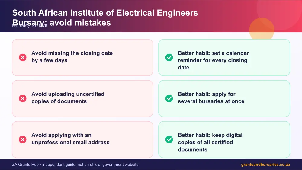 South African Institute of Electrical Engineers Bursary mistakes to avoid and tips infographic – south african institute of electrical engineers bursary South Africa 2026