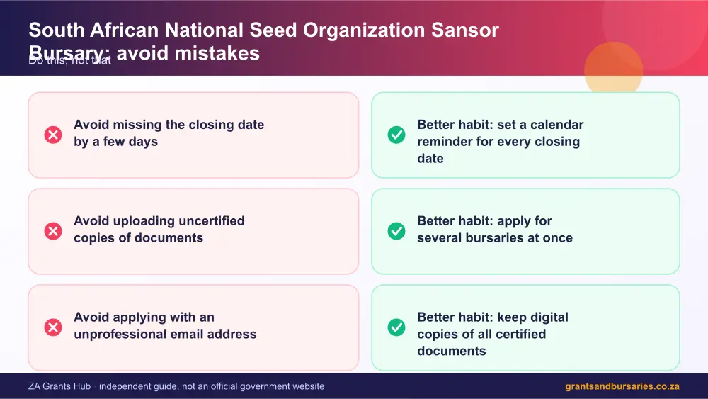 South African National Seed Organization Sansor Bursary mistakes to avoid and tips infographic – south african national seed organization sansor bursary South Africa 2026
