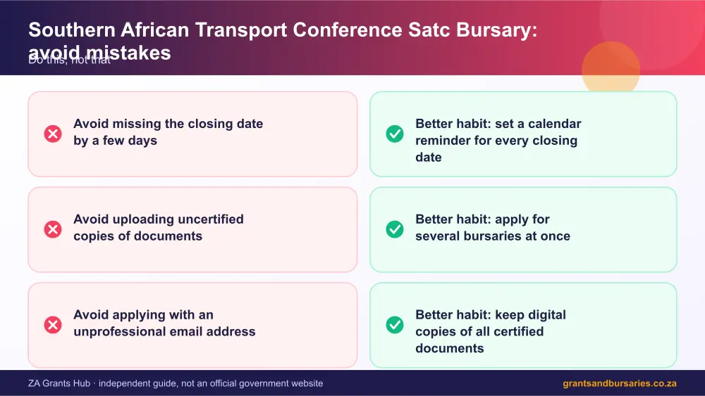 Southern African Transport Conference Satc Bursary mistakes to avoid and tips infographic – southern african transport conference satc bursary South Africa 2026