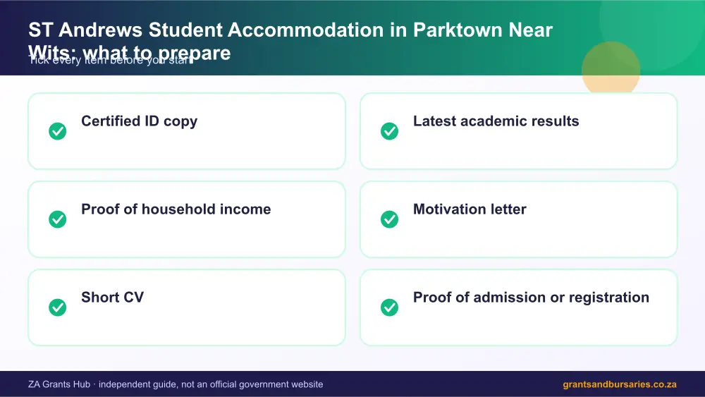 ST Andrews Student Accommodation in Parktown Near Wits documents checklist infographic – looking for accommodation South Africa 2026