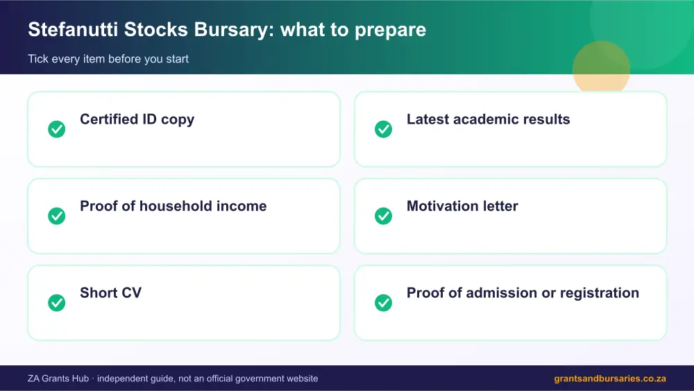 Stefanutti Stocks Bursary documents checklist infographic – stefanutti stocks bursary South Africa 2026