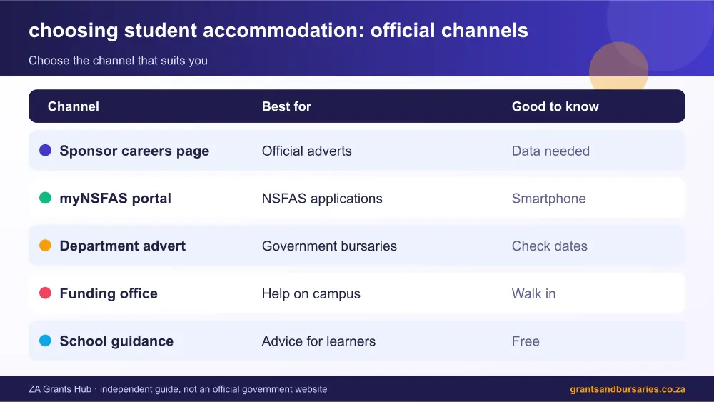 choosing student accommodation official channels comparison infographic – choosing student accommodation South Africa 2026
