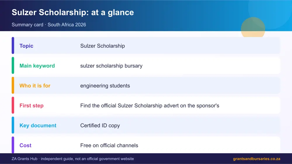 Sulzer Scholarship at a glance summary infographic – sulzer scholarship bursary South Africa 2026