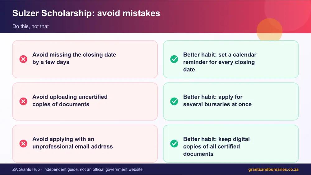 Sulzer Scholarship mistakes to avoid and tips infographic – sulzer scholarship bursary South Africa 2026