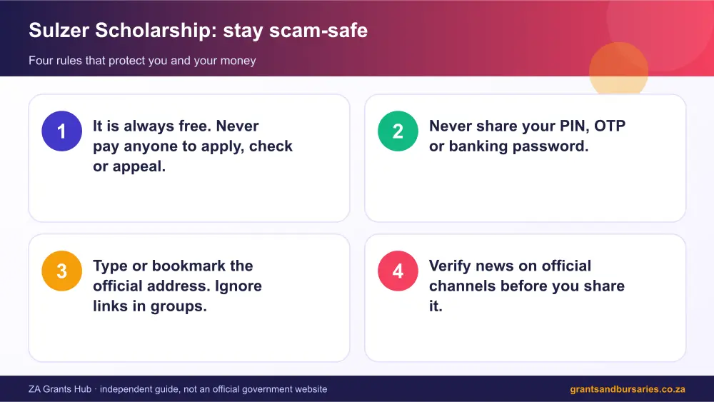Sulzer Scholarship stay safe from scams infographic – sulzer scholarship bursary South Africa 2026
