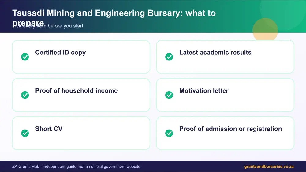 Tausadi Mining and Engineering Bursary documents checklist infographic – tausadi mining and engineering bursary South Africa 2026