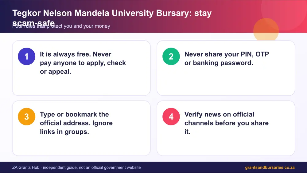 Tegkor Nelson Mandela University Bursary stay safe from scams infographic – tegkor nelson mandela university bursary scholarship South Africa 2026