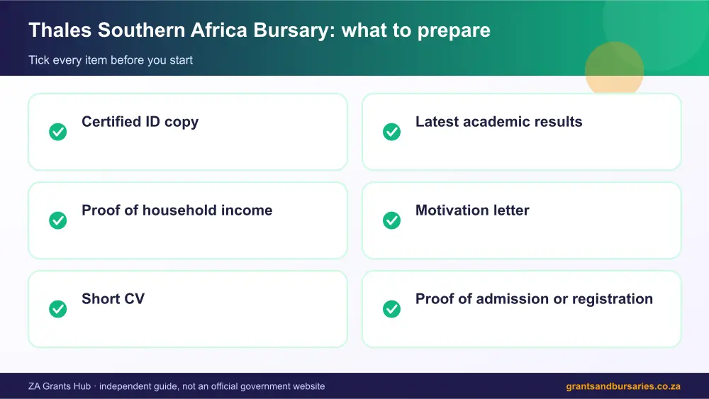 Thales Southern Africa Bursary documents checklist infographic – thales southern africa bursary South Africa 2026