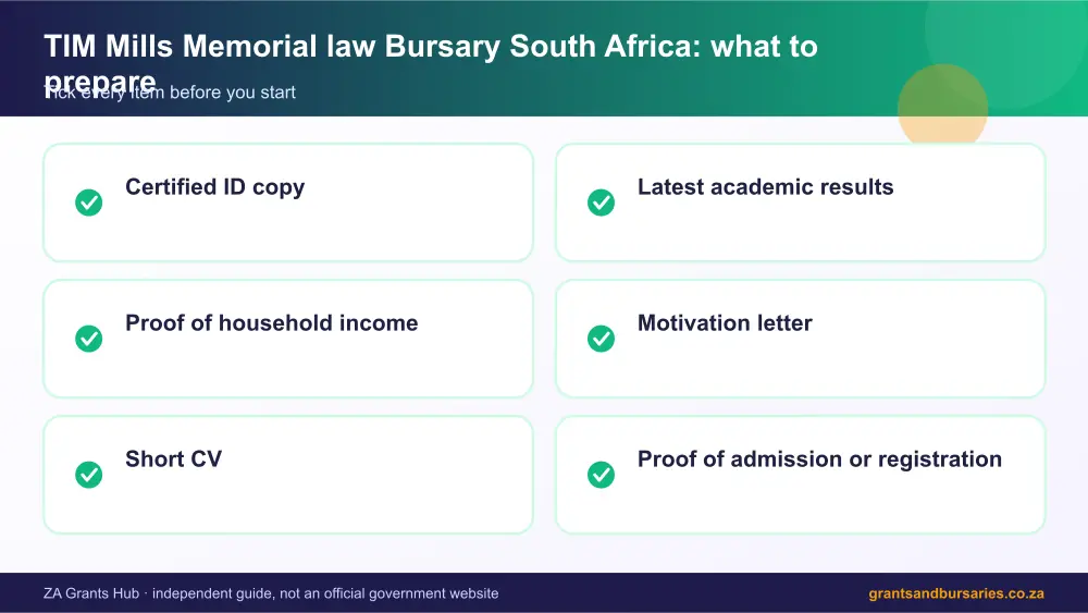 TIM Mills Memorial law Bursary South Africa documents checklist infographic – tim mills memorial law bursary South Africa 2026