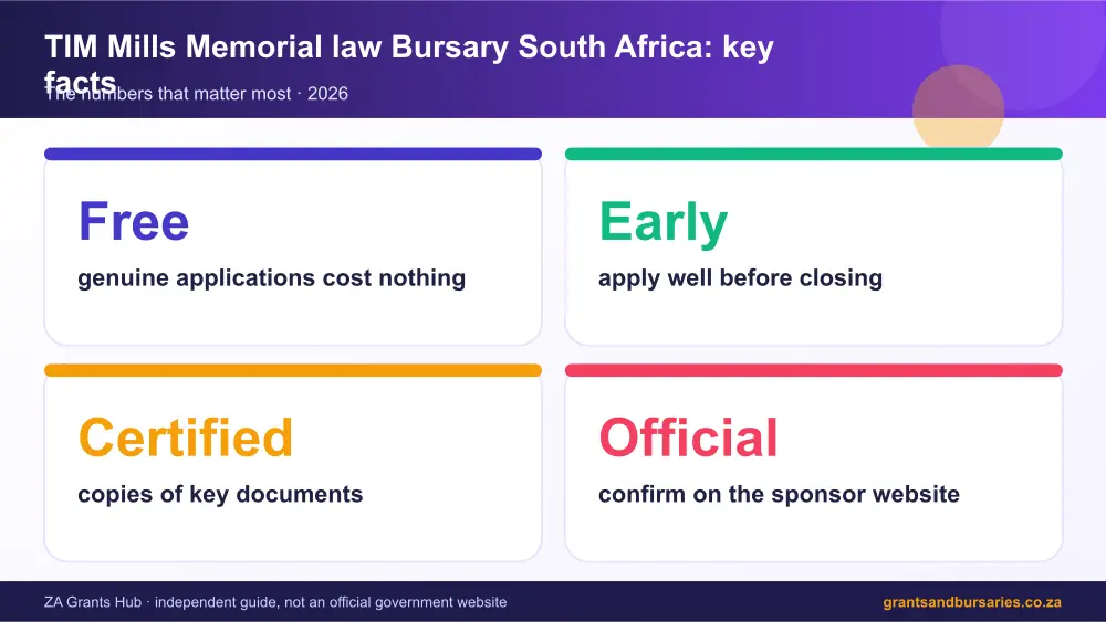 TIM Mills Memorial law Bursary South Africa key facts at a glance infographic – tim mills memorial law bursary South Africa 2026