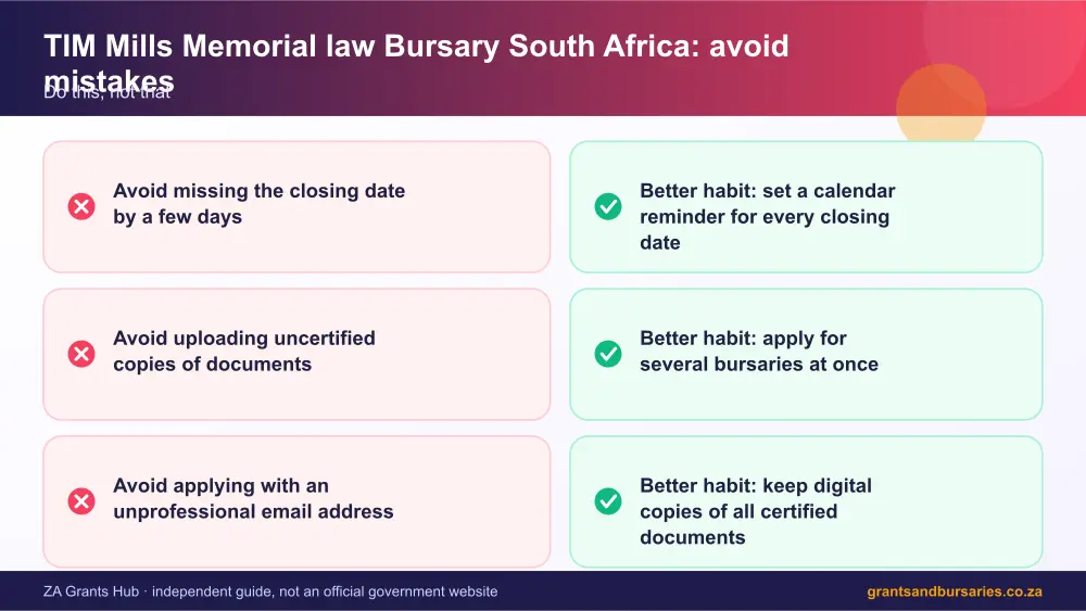TIM Mills Memorial law Bursary South Africa mistakes to avoid and tips infographic – tim mills memorial law bursary South Africa 2026